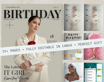 Modello di rivista di compleanno Canva, ricordo modificabile (PDF digitale)