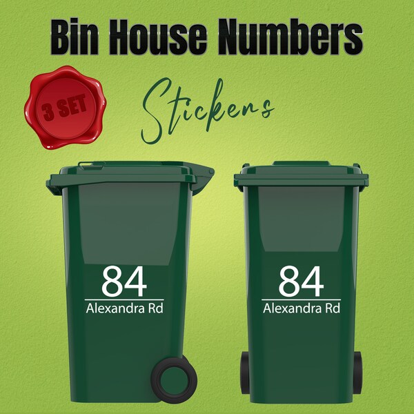 Personalised wheelie bin vinyl decal, Waterproof Vinyl Wheelie Bin House Numbers, Road Street Name Stickers Sign, Vinyl Stickers for Bins