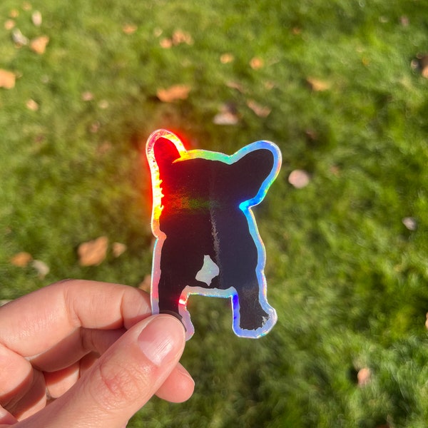 Holographic Die-cut sticker, Abstract Black frenchie, High-quality rainproof Vinyl Car decal, durable weather resistant French bulldog