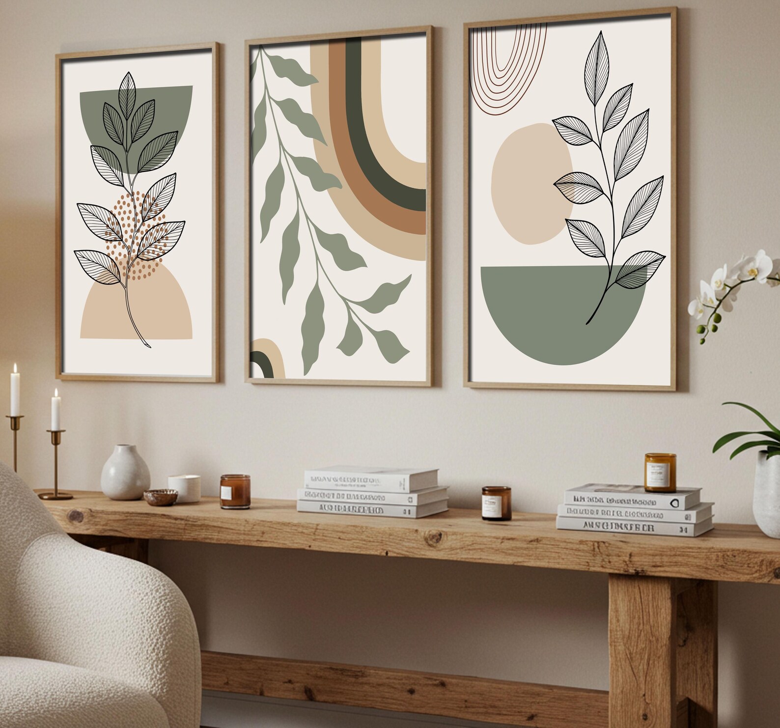 Boho Botanical Wall Art Set of 3 | Minimalist Line Leaf Print | Neutral ...