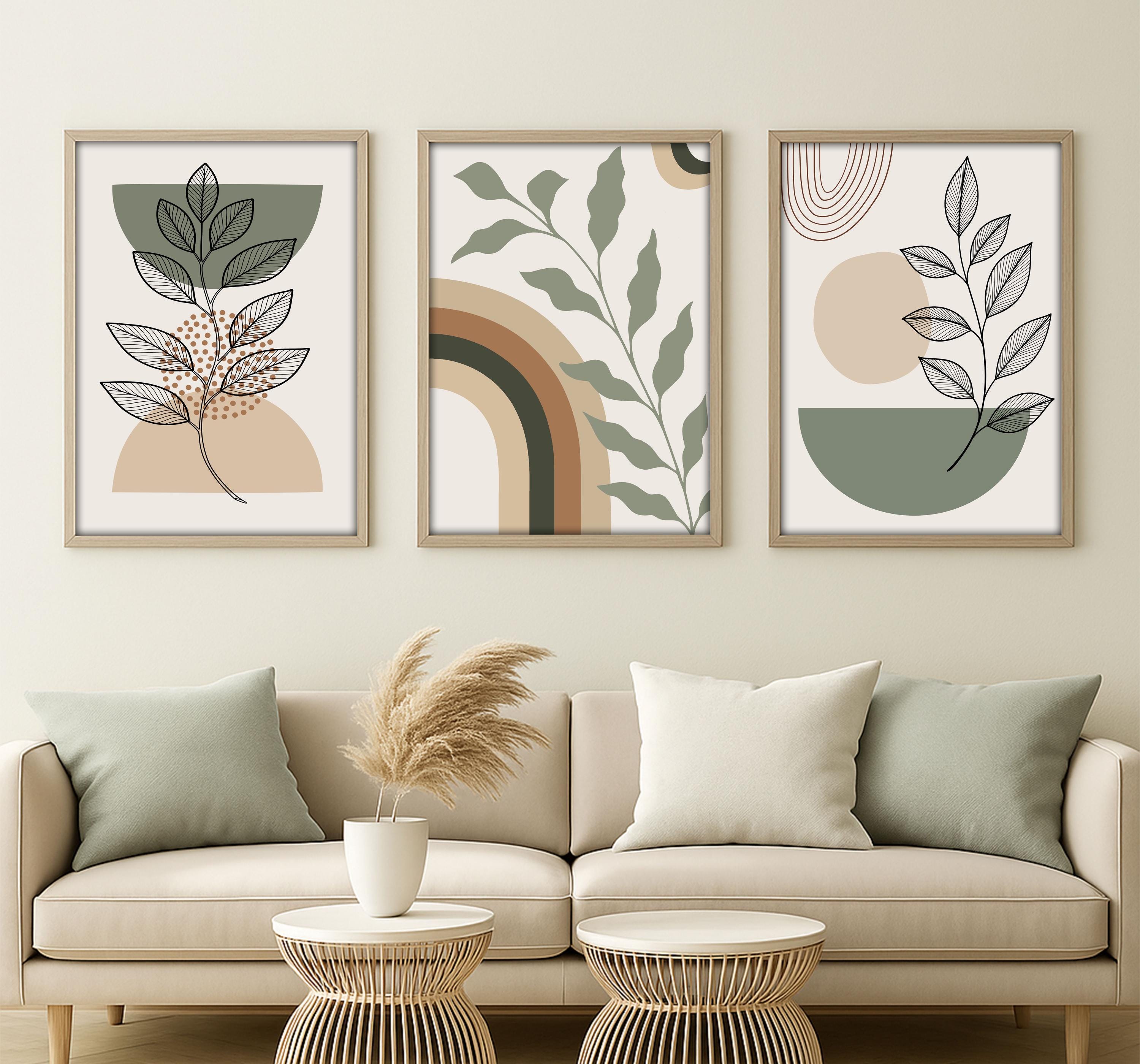 Boho Botanical Wall Art Set of 3 | Minimalist Line Leaf Print | Neutral ...