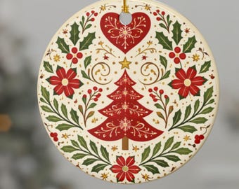 Scandinavian Folk Christmas Tree Ornament ceramic ornament | double-sided round decoration