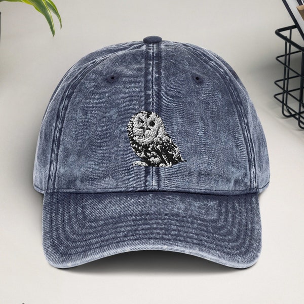 Owl embroidered hat, baseball cap, dad hat, black capped wildlife bird watcher gift, adjustable strap, Vintage Cotton Twill Cap