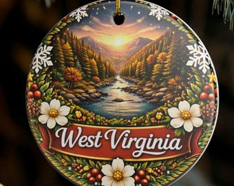 West Virginia Mountain Scene Ornament | Ceramic State Christmas Decoration