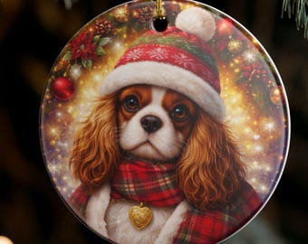 Cavalier King Charles Spaniel in Santa Hat Ornament | Ceramic Christmas Decoration