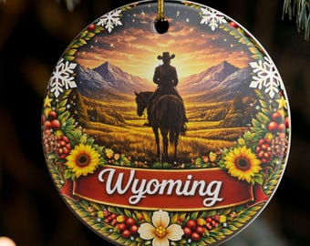 Wyoming Cowboy Silhouette Ornament | Ceramic State Christmas Decoration