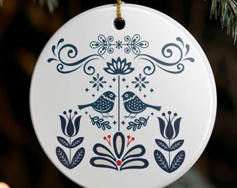 Scandinavian Folk Birds Ceramic Ornament | Round Porcelain Decoration
