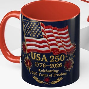 Patriotic 250 Years USA Mug, Americana Floral Coffee Mug, Veteran & Memorial Day Gift, Anniversary Mug, United States Commemorative Gift image 1