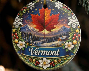 Vermont Maple Leaf Winter Scene Ceramic Ornament | State Souvenir