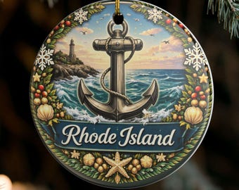 Rhode Island Anchor Coastal Scene Ornament | Ceramic Round Holiday Decoration