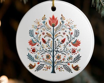 Folk Floral Tree Ornament Ceramic Ornament | Scandinavian Botanical Holiday Decor