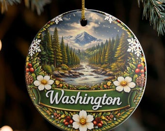 Washington Mountain River Scene Ornament | Ceramic State Holiday Decoration