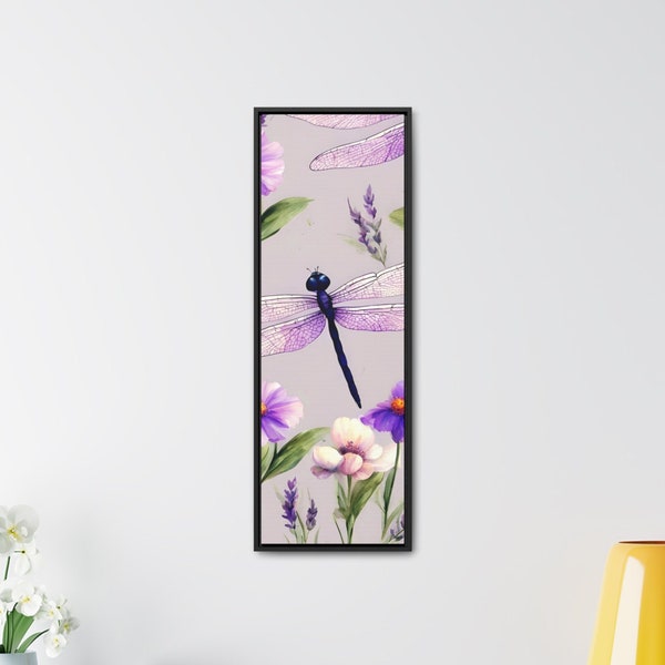 Long Narrow Vertical Wall Art Gallery Canvas Wraps, Vertical Frame, Dragonfly and Flowers, Unique Gift, sizes 12x36, 20x60.
