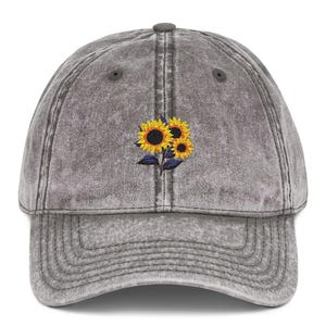Vintage Embroidered Sunflowers Cap: Washed Cotton Twill Baseball Hat