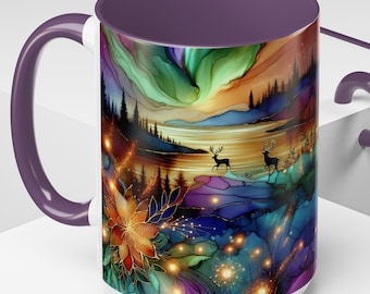 Taza con aurora boreal / Taza de café con paisaje de auroras boreales / Regalo para amantes de la naturaleza / Taza con paisaje celestial