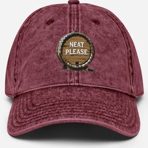 Rustic Whiskey Barrel “Neat Please” Embroidered Vintage Cotton Twill Cap , Vintage Whiskey Lover Gift, Rustic Bar Decor Hat