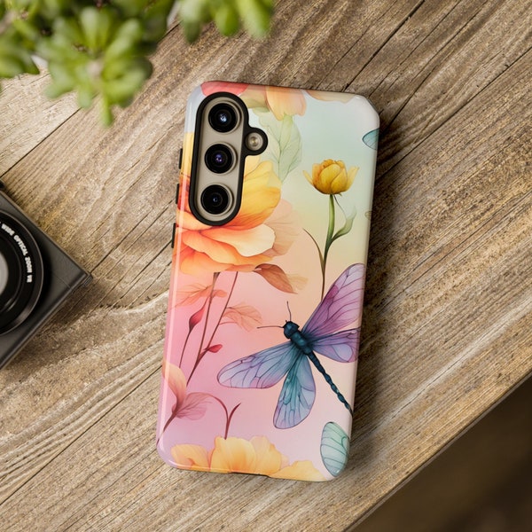 Ombre Colors Dragonfly Spring Flowers Trendy design iPhone 15-11,8 X, XR, XS, Google Pixel, Samsung Galaxy Tough Phone Cases, Gifts