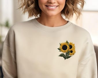 Sunflower Sweatshirt, Faux Embroidery Floral Crewneck, Sunflower Print Shirt, Cozy Cottagecore Top