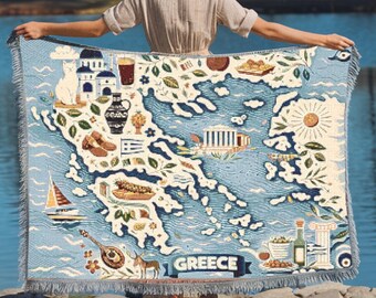 Greece Illustrated Map Woven Blanket | Greek Islands Travel Tapestry Throw
