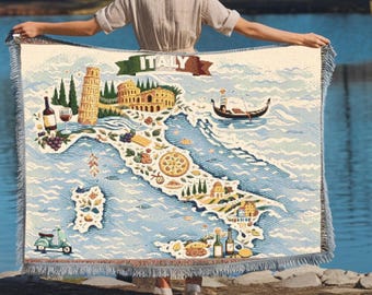 Italy Map Tapestry Woven Blanket | Italian Landmark Throw