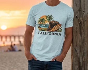 California Surf Bear Tee | Retro Palm Trees, Sunset Beach Design