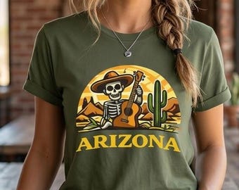 Arizona Skeleton with Guitar Tee | Desert Cactus Sunset Tee