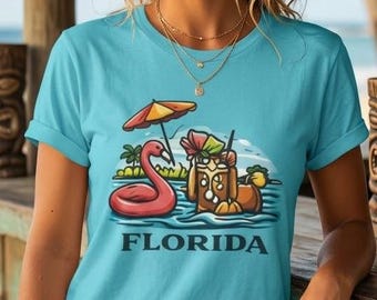 Florida Flamingo Float Drink Graphic Tee | Tropical Vacation Shirt