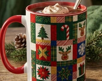 Christmas Quilt Pattern Mug, Cozy Holiday Patchwork Coffee Cup, Festive Reindeer & Snowflake Tea Mug, Country Christmas Decor Gift