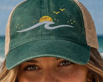 Summer Embroidered Women's Washed Mesh-Back Cap/Beach Hat