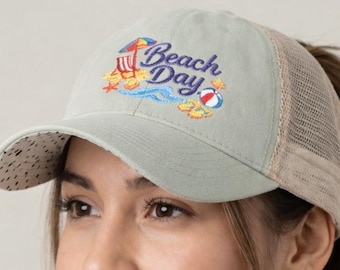 Summer Women's Embroidered Washed Mesh-Back Cap/Beach Hat