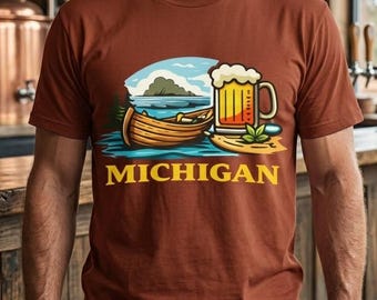 Michigan Canoe and Beer Graphic Tee | State Lake Scene T-Shirt