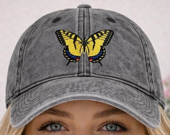 Gorra de sarga de algodón vintage con mariposa amarilla / Gorra estilo "papá" bordada