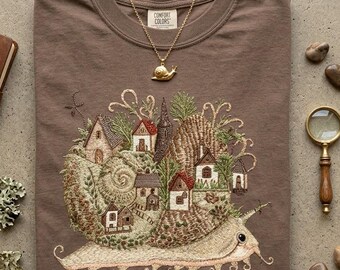 Snail Village Applique style illustration Comfort Colors T-Shirt | Whimsical Cottage Snail Art