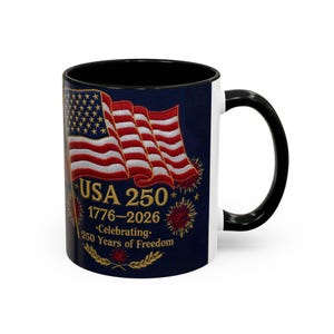 Patriotic 250 Years USA Mug, Americana Floral Coffee Mug, Veteran & Memorial Day Gift, Anniversary Mug, United States Commemorative Gift Black