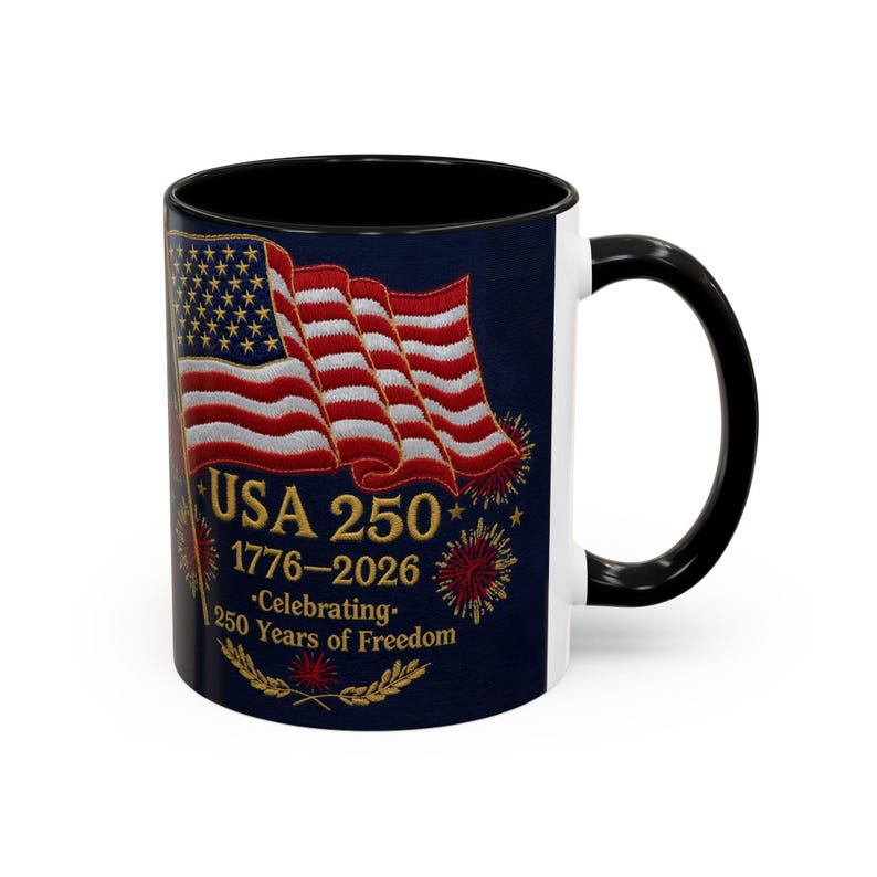 Patriotic 250 Years USA Mug, Americana Floral Coffee Mug, Veteran & Memorial Day Gift, Anniversary Mug, United States Commemorative Gift Black
