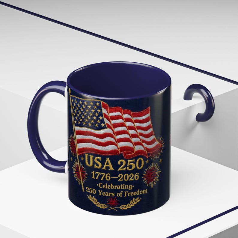 Patriotic 250 Years USA Mug, Americana Floral Coffee Mug, Veteran & Memorial Day Gift, Anniversary Mug, United States Commemorative Gift Navy