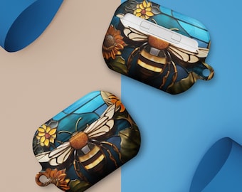 Estuche para AirPods con vitrales falsos con diseño de abejas y girasoles