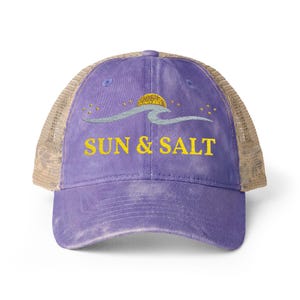 Coastal Trucker Hat Embroidered, Beach Wave Hat, Ocean Sunset Cap, Summer Vacation Hat, Salty Beach Hat, Surf Style Hat, Unisex Mesh Cap Violet / Floral / Khaki