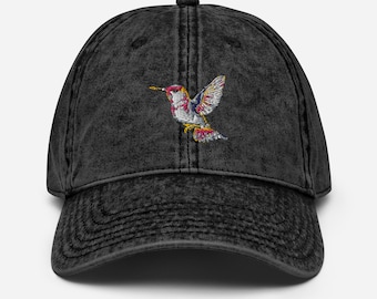 Embroidered Hummingbird Cap Vintage Cotton Twill Dad Hat, Bird Lover Nature Hat, Wildlife Gift