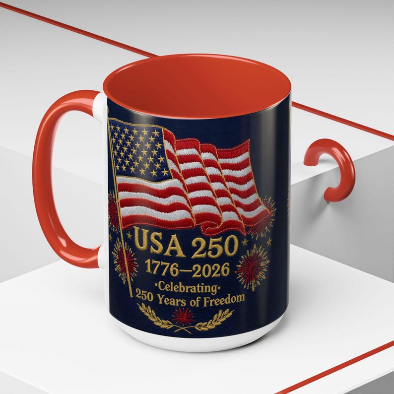 Patriotic 250 Years USA Mug, Americana Floral Coffee Mug, Veteran & Memorial Day Gift, Anniversary Mug, United States Commemorative Gift Red