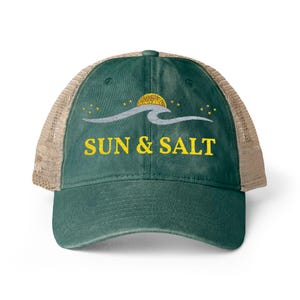 Coastal Trucker Hat Embroidered, Beach Wave Hat, Ocean Sunset Cap, Summer Vacation Hat, Salty Beach Hat, Surf Style Hat, Unisex Mesh Cap Jade / Daisy / Khaki