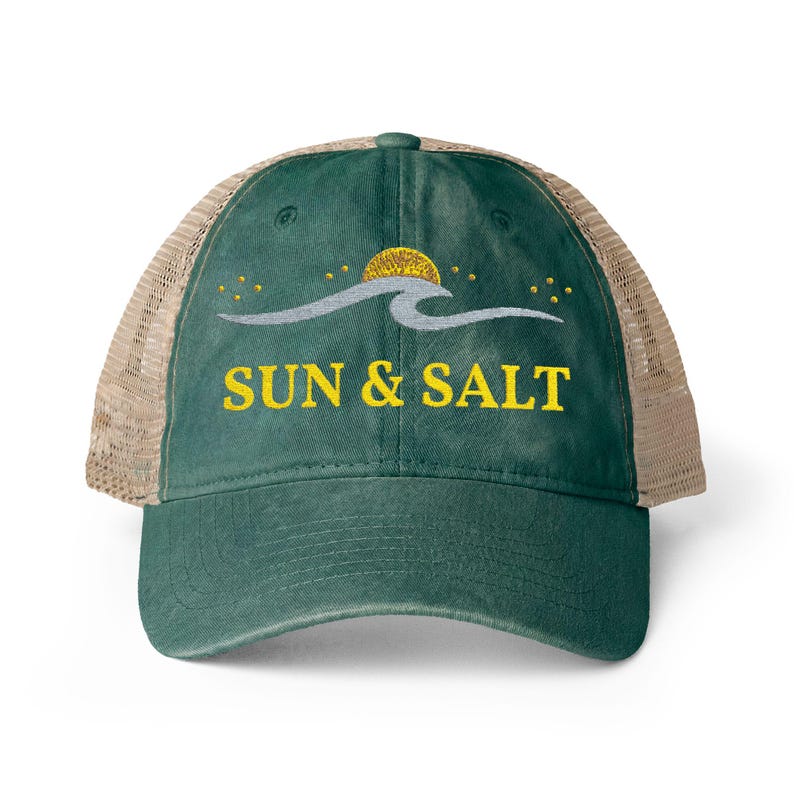 Coastal Trucker Hat Embroidered, Beach Wave Hat, Ocean Sunset Cap, Summer Vacation Hat, Salty Beach Hat, Surf Style Hat, Unisex Mesh Cap Jade / Daisy / Khaki