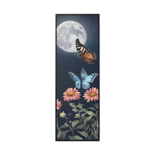 Long Narrow Vertical Wall Art Gallery Canvas Wraps, Vertical Frame, Butterfly and Flowers at Night, Unique Gift, sizes 12x36, 20x60.