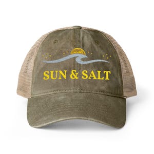Coastal Trucker Hat Embroidered, Beach Wave Hat, Ocean Sunset Cap, Summer Vacation Hat, Salty Beach Hat, Surf Style Hat, Unisex Mesh Cap Olive / Camo