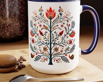 Scandinavian Folk Art Coffee Mug, Floral Tree Design, 15oz Nordic Ceramic Mug, Cozy Gift