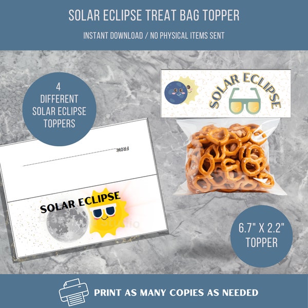 Sonnenfinsternis druckbare Leckerli Taschentopper. 4 verschiedene Motive zum Bedrucken von Taschen für die Eclipse. Drucken Sie nach Bedarf.