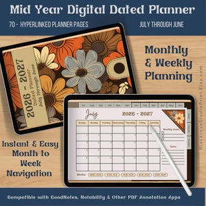 May include: A digital planner displayed on two tablets. The top tablet shows a floral cover with the text 2026-2027 Dated Planner July Through June. The bottom tablet shows a July 2026-2027 monthly calendar page with a white stylus resting on the screen.