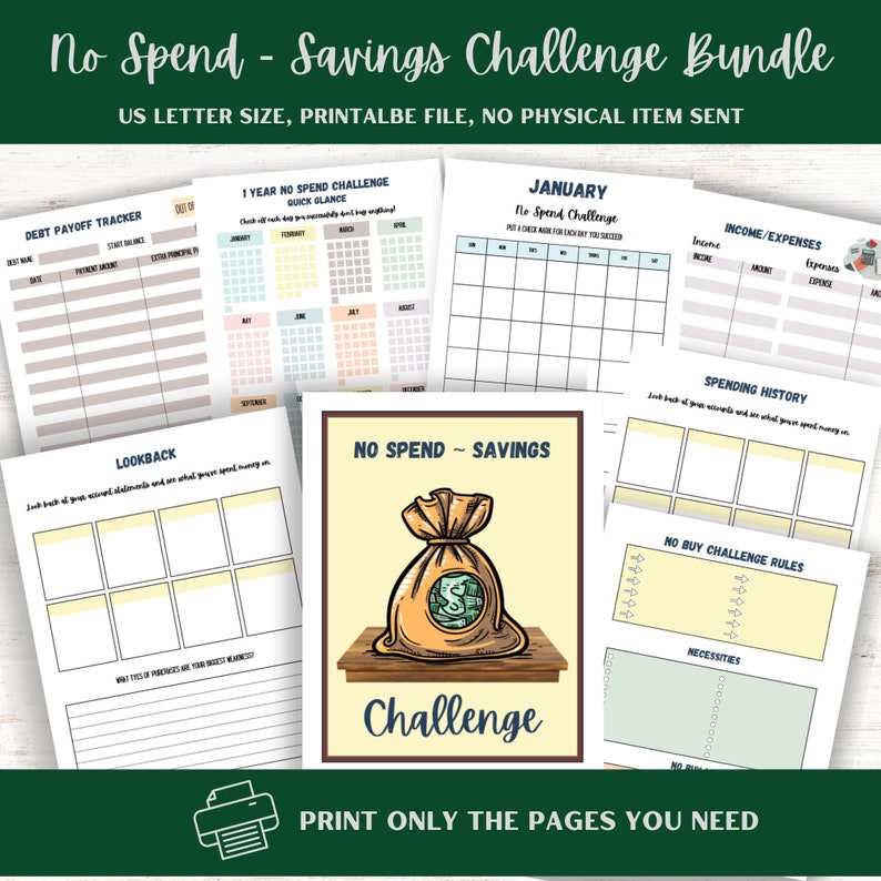 No Spend Money Savings Challenge Printable Bundle, Financial Resolution-includes dept payoff tracker, expense/savings and more image 1