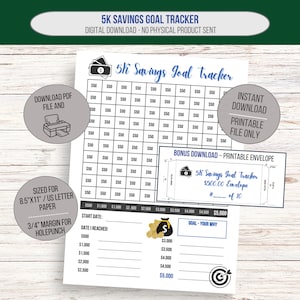 5K Savings Goal Printable Tracker and Bonus Envelope. Start tracking funds for a special trip, the holidays or even a rainy-day fund.
