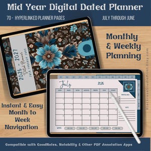May include: A digital dated planner for 2026-2027 featuring 70 hyperlinked pages from July through June. The cover displays a dark brown background with large blue floral patterns. The interior shows a July 2026 monthly calendar grid with a white stylus.